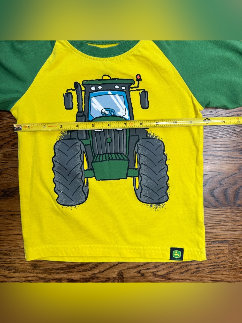 John Deere Boys Yellow Body Green Sleeve Tractor Tee Reverse Tractor on Back 2T - Picture 9 of 11